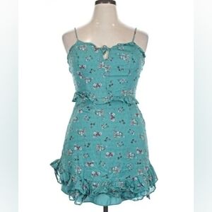 City Triangles Teal Spaghetti Strap Dress with Floral Accents